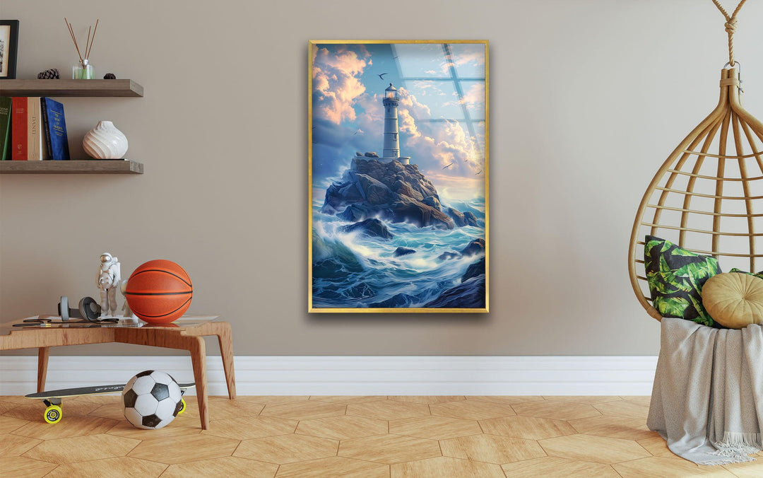 Lighthouse Blue Glass Wall Art print on glass, glass printed photos
