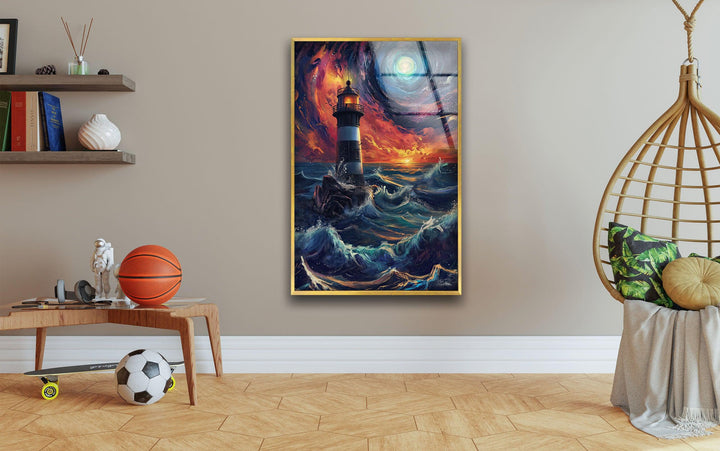 Lighthouse Blue & Orange Glass Wall Art glass art painting, glass art for the Wall
