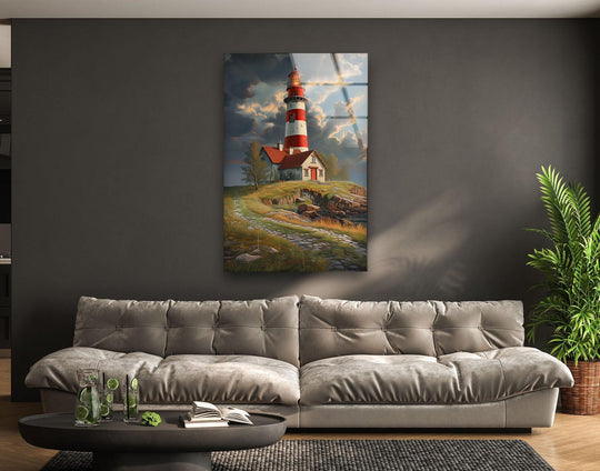 Smooth edges define this coastal lighthouse art from glass, enhancing the vibrant seaside escape captured in this majestic glass wall art.