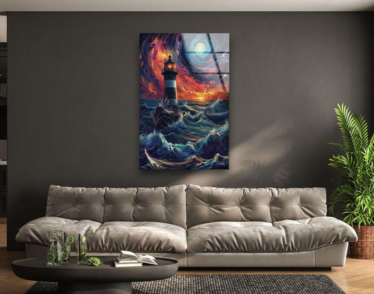 Depicting the layering effect, this majestic lighthouse at sunset decorative wall art showcases a captivating coastal scene with crashing waves and a fiery sky.