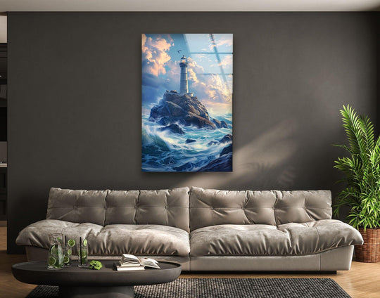 Landscape glass wall art majestic lighthouse on a rock with ocean waves and coastal decor and seascape artistry