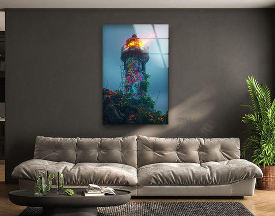 Highlighting the edge and borders, this graffiti lighthouse glass wall art presents a vibrant urban escape, adding unique modern wall decor to any living space.