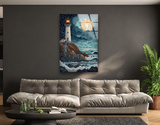 The darkest area showcases the mosaic lighthouse in this glass art painting, creating a striking contrast in this coastal masterpiece.