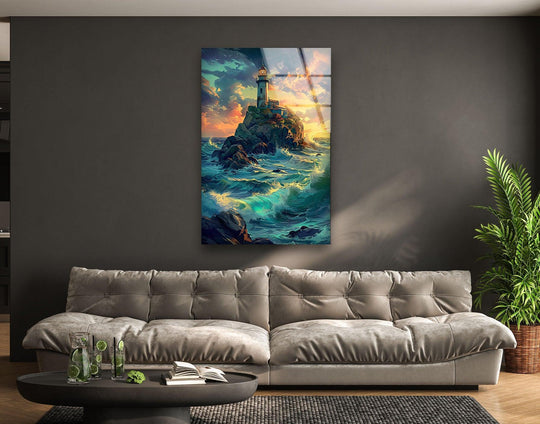 Landscape glass wall art features a lighthouse by the sea painting with vivid color and coastal artwork for sunset wall decor and ocean design
