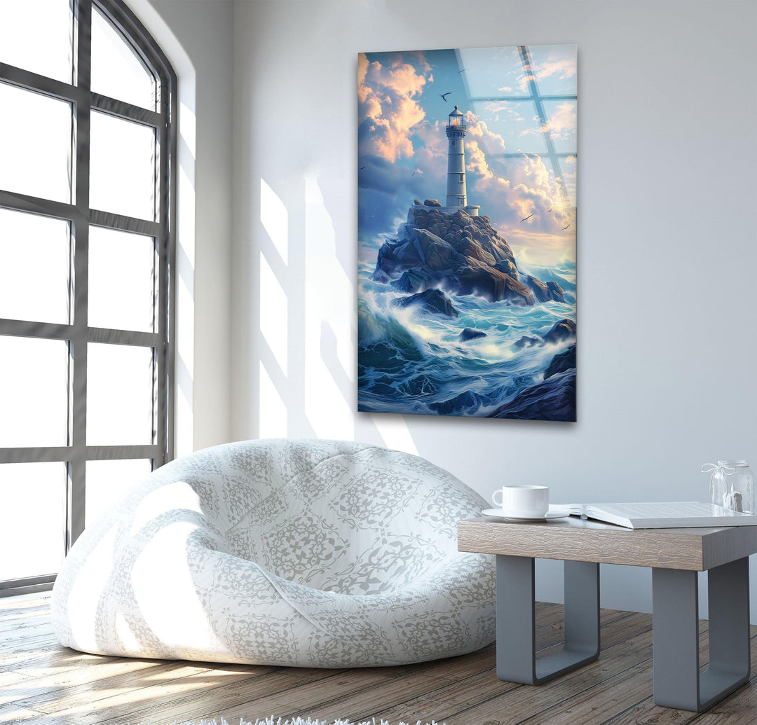 Lighthouse Blue Glass Wall Art print picture on glass, Tempered Glass Wall Art
