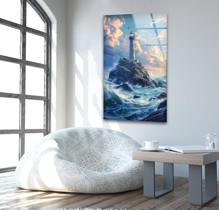 Lighthouse Blue Glass Wall Art print picture on glass, Tempered Glass Wall Art

