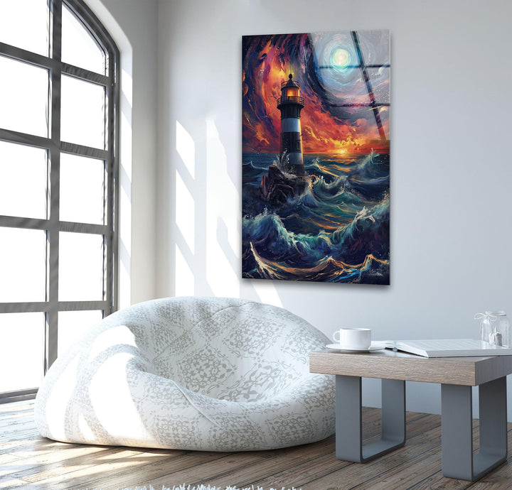 Lighthouse Blue & Orange Glass Wall Art glass photo prints, glass picture prints
