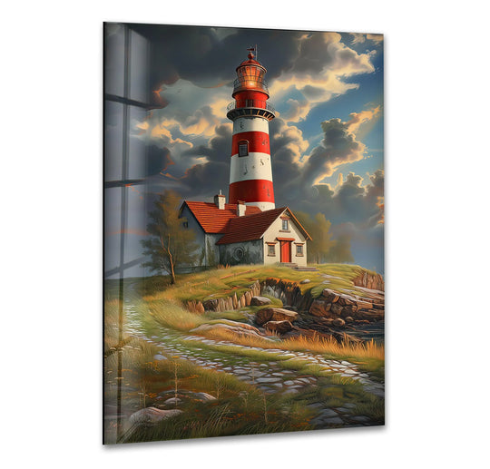 The layering effect showcases the majestic coastal lighthouse art from glass, with the lighthouse, house, and dramatic clouds creating depth in this vibrant seaside escape.