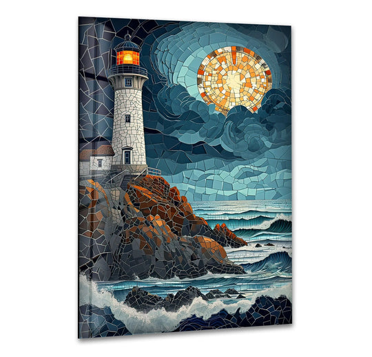 Contrasting light and shadow define this mosaic lighthouse glass print wall art, illuminating the coastal scene under a dramatic, stylized moon.
