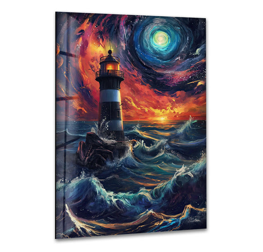 Playful light and shadow define the swirling vortex behind a lighthouse in this vibrant glass hanging wall art, highlighting the coastal masterpiece.