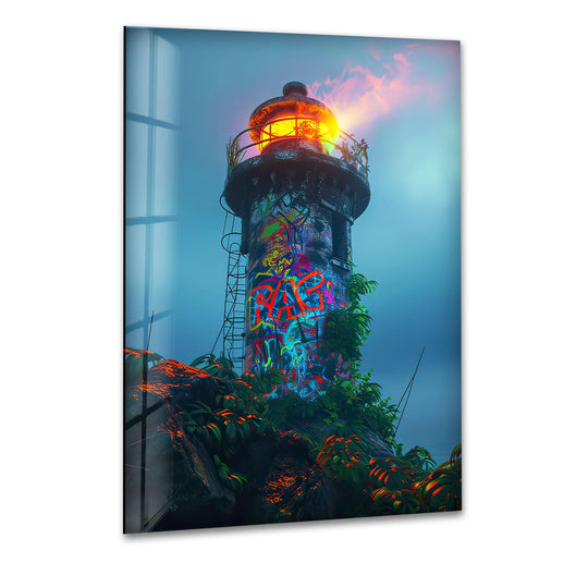 Warm light spills from the vibrant Graffiti Lighthouse glass wall art decor, contrasting with the cool tones of the surrounding misty coastal scene.