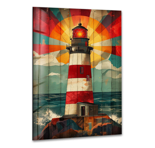 The darkest area accentuates the rugged base of the lighthouse coastal print wall art, contrasting against the bold, colorful nautical scene.