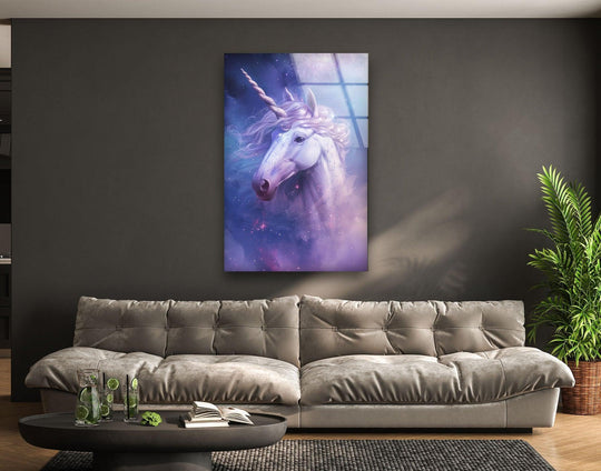 A mystical unicorn emerges from deep purple hues, its form illuminated by soft light casting gentle shadows on this tempered glass wall art.
