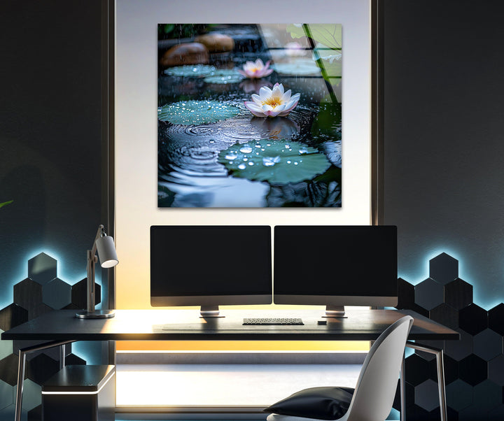 Lily Pad & White Lotus Glass Wall Art stained glass wall art, stained glass wall decor
