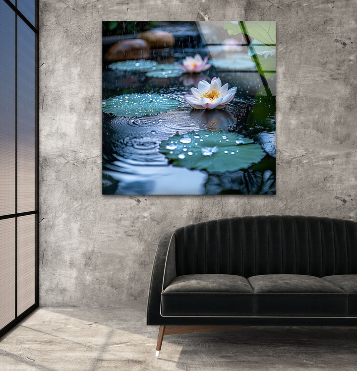 Lily Pad & White Lotus Glass Wall Art print picture on glass, Tempered Glass Wall Art
