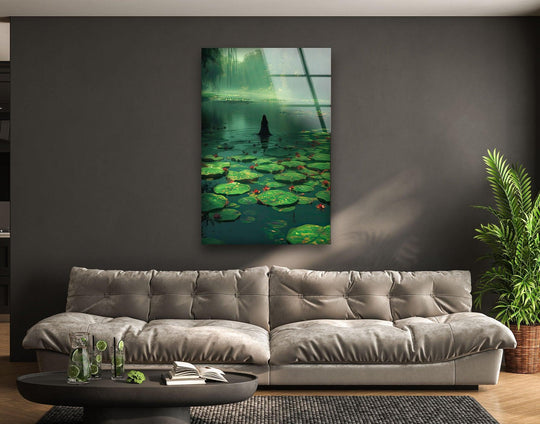 A serene scene transitions from misty forest greens to deep water blues in this captivating glass wall art decor.