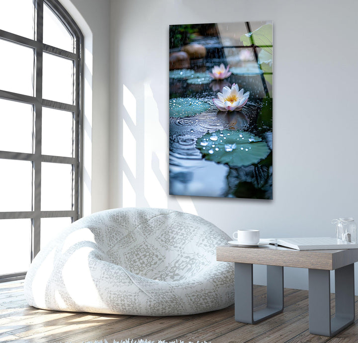 Lily Pad & White Lotus Glass Wall Art picture on glass wall art, photos printed on glass
