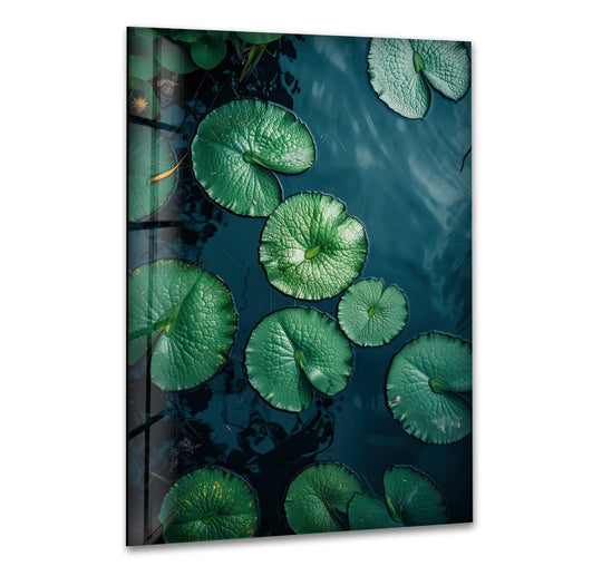 Close-up of dark water with luminous green lily pads and ample negative space from this print wall art.