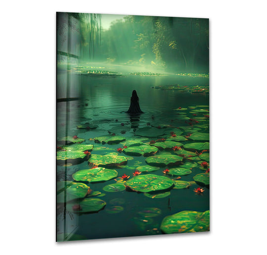 A serene woman in black stands amidst lily pads on a tranquil lake, presented as gleaming home decoration on glass.