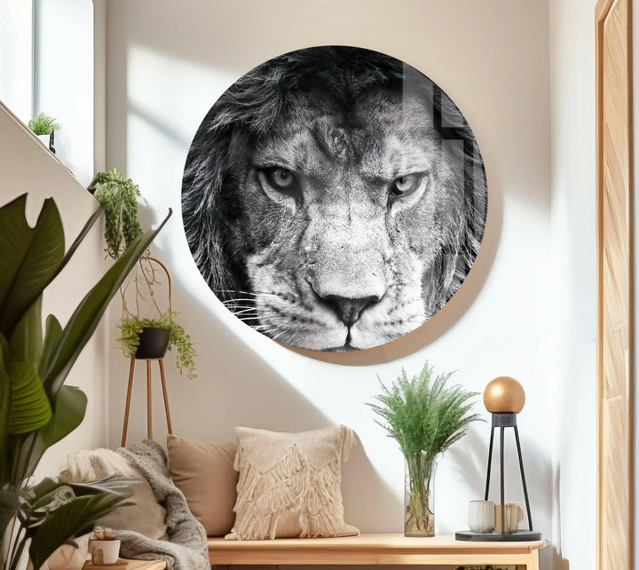 Dramatic lion head print highlighting power and depth on modern glass wall décor.
