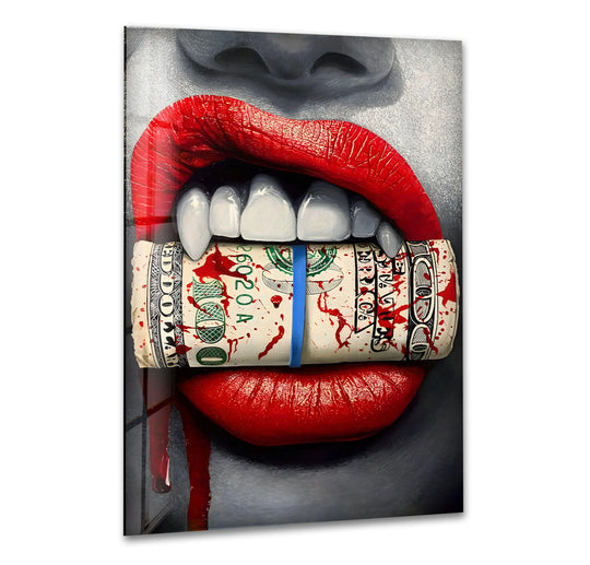 A multi-layered glass wall art print features blood-splattered dollar bills held within glossy red lips, emphasizing depth and striking contrast.