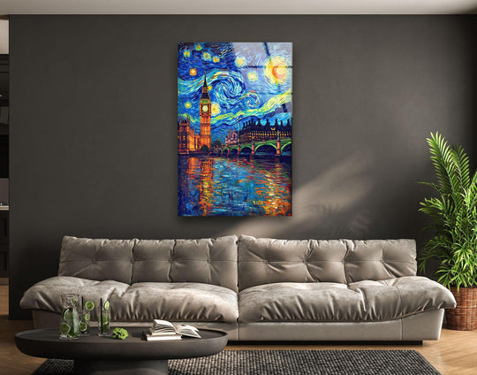 High-quality hanging wall art captures London's iconic Big Ben and bridge in a swirling Van Gogh starry night style.
