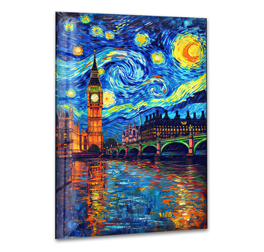 Vibrant glass wall art depicting a layered, impasto rendition of London's Big Ben under a swirling Van Gogh-esque starry sky, perfect for home decoration.