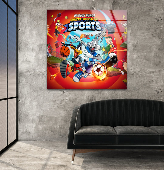 Vibrant cartoon sports madness art from glass creates an energetic mood with lively animation characters, perfect for adding playful fun to any space.