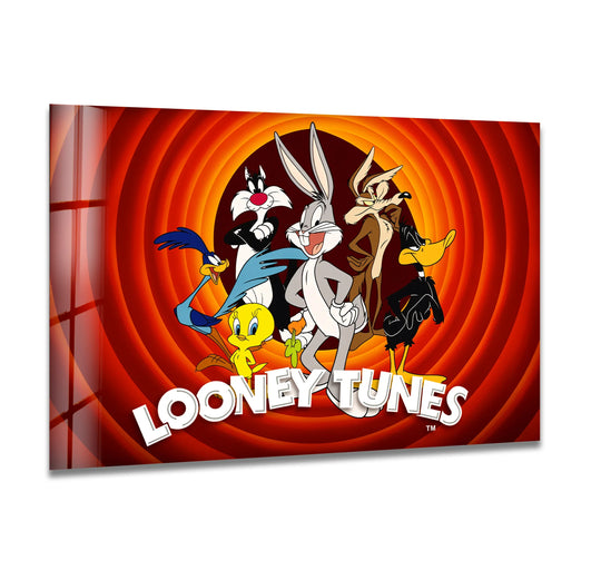 Vivid colors emanate depth and layers from this colorful animation glass wall art featuring classic cartoon squad characters, creating a fun home decor piece.