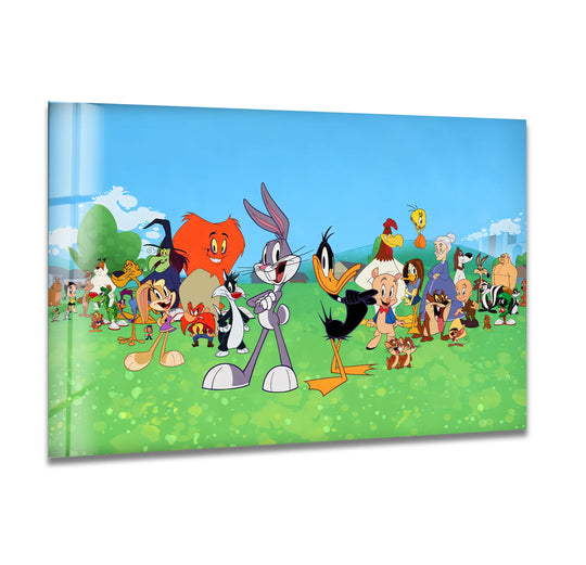 Vivid color contrast defines this cheerful cartoon friends glass wall art, a playful animation piece enhancing your home decor with bold hues and lively characters.