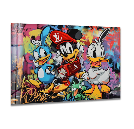 Featuring cool color temperatures alongside bold, warm accents, this pop graffiti glass wall artwork showcases a vibrant cartoon street art trio.