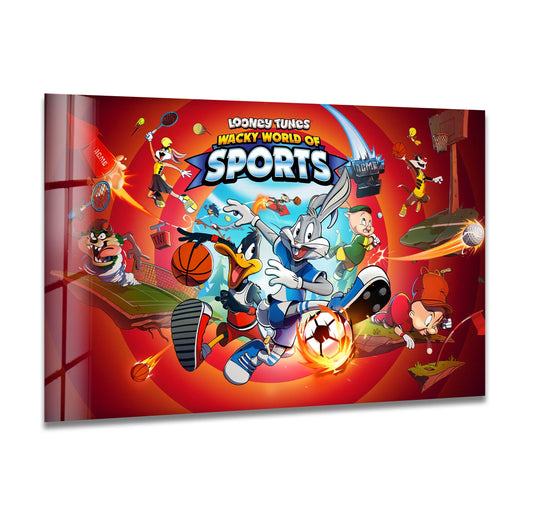 Dominant red and orange hues create a vibrant backdrop for this glass wall art featuring the cartoon sports madness, offering a piece of unique modern wall decor.
