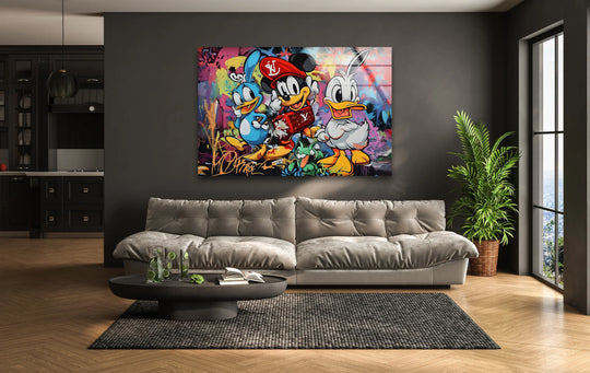 Playful mood radiates from this colorful cartoon street art trio pop graffiti art showcased as a stunning piece of tempered glass wall art in a modern living space.
