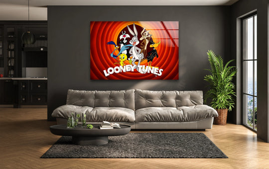 Illuminating the classic cartoon squad, a modern glass wall art piece, light and shadow interplay enhances the fun animation, enriching the home decor.