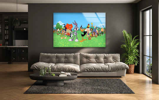 Set against a light blue sky, the lush green field in the background accentuates this colorful cartoon friends playful animation glass wall art, showcasing the best glass art.