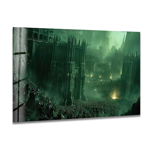 Visual rhythm in the dark gothic city green mist glass wall art is created by repeating patterns of towering structures, conveying a sense of dramatic home decoration.