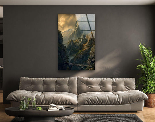 Reflecting light, the surface texture of this mountain valley castle scenic glass art painting shimmers, revealing a smooth yet subtly rippled quality on the printed glass.