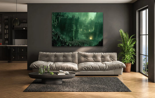The softest element, the mist enveloping the dark gothic city, enhances this glass wall art, making it a captivating example of best glass art for any home.