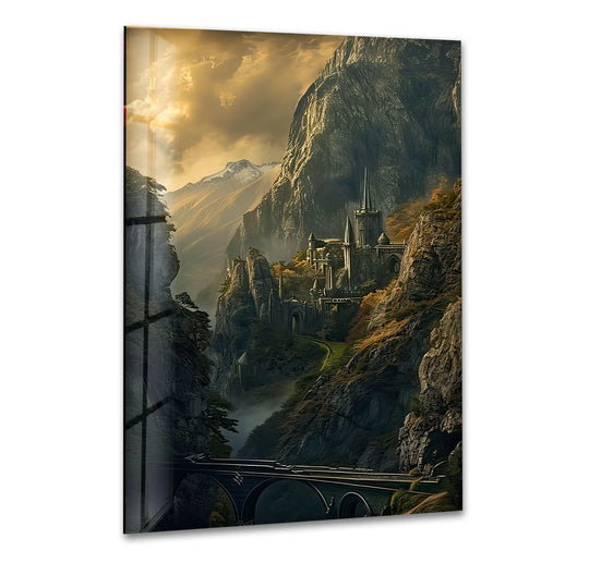 In the stillness of the valley, a majestic mountain valley castle scene emerges as a captivating print wall art piece, showcasing dramatic cliffs and golden sunlight.