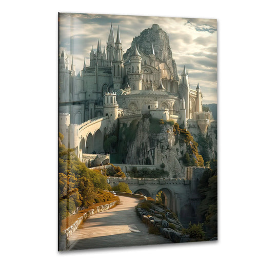 Shadows accentuate the texture of the stone pathway in this grand mountain castle pathway glass wall prints, offering a dramatic contrast to the bright architecture.