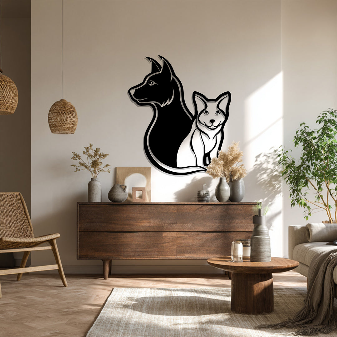 Minimalist pet metal wall art showing dog and cat unity