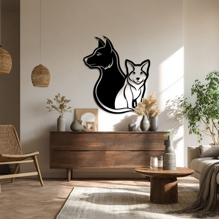 Minimalist pet metal wall art showing dog and cat unity