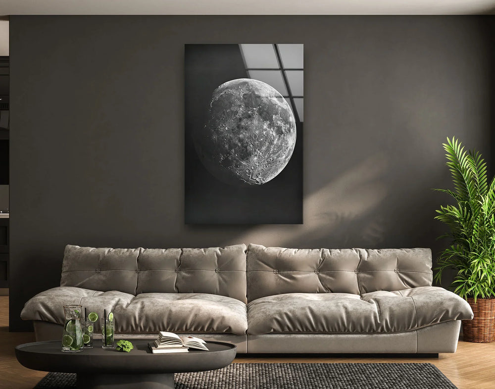 Monochrome lunar artwork on tempered glass showing the moon’s surface in high-contrast detail.