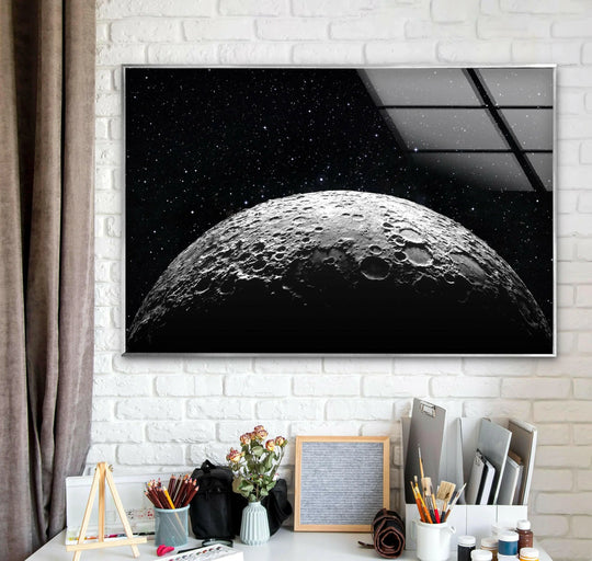 Space Wall Art featuring a moon surface image with starry sky and printed on glass is stellar decor and astronomy decor