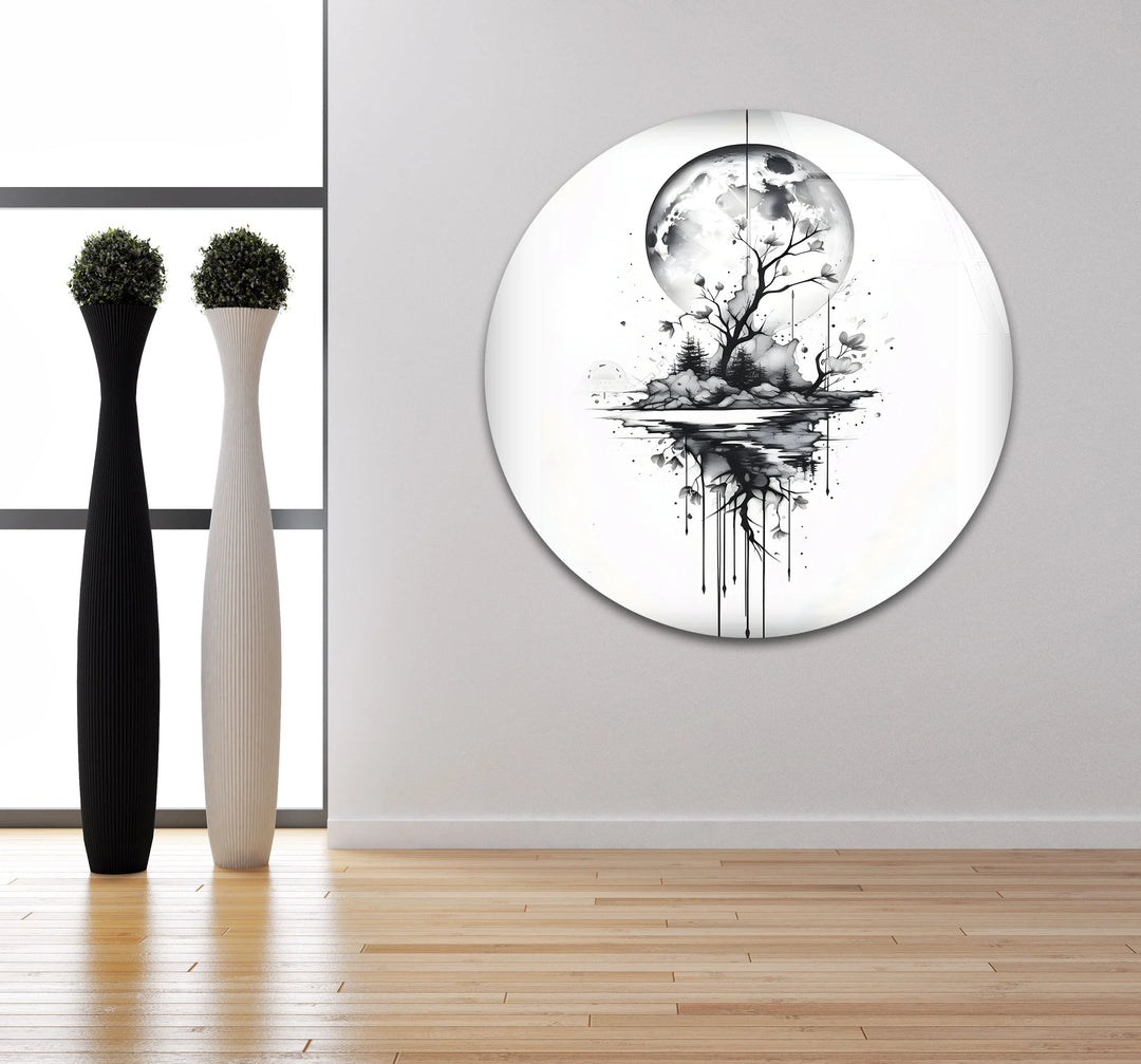 Surreal moon-themed glass artwork with abstract downward drips and forest details.