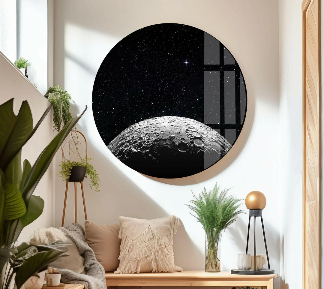 Dramatic black and white moon detail beneath a sparkling galaxy on tempered glass décor.