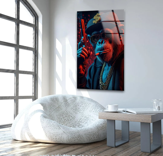 Realistic detail of a mafia gorilla smoking a cigar and holding a gun as a cool wall art print.