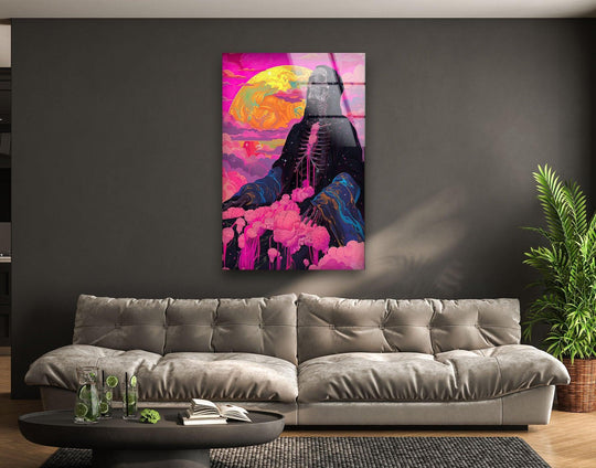 A surreal skeleton figure interacts with geometric pink cloud formations and a vibrant sun in this magic pastel kirigami glass art painting.
