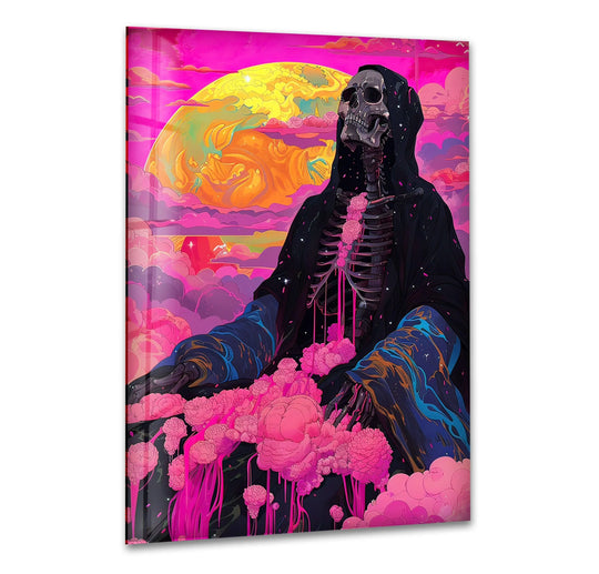 The surreal background features a vibrant pink sky with swirling yellow clouds and a radiant sun, showcased on this hanging wall art.