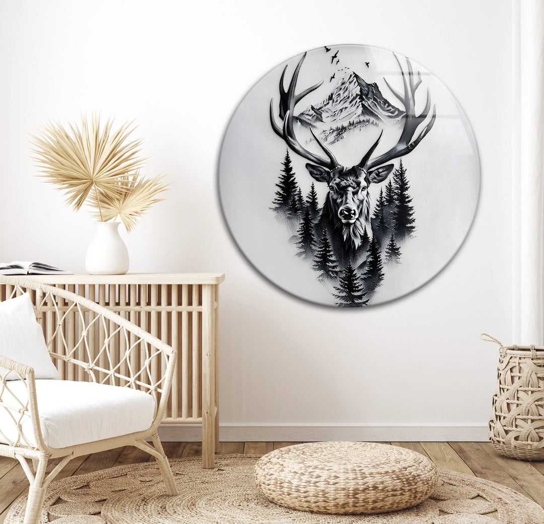Black and white mountain stag artwork printed on glass with pine silhouettes. - MyPhotoStation